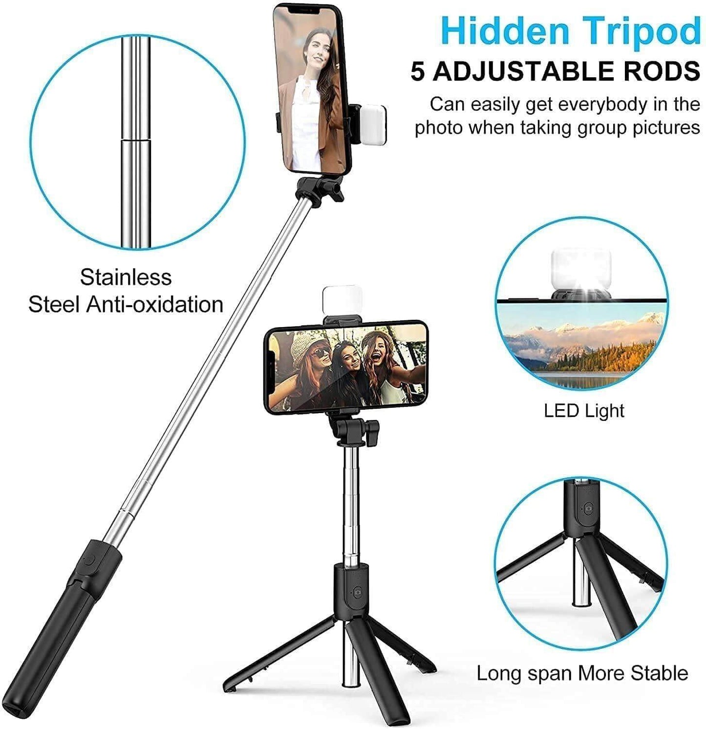 3 in 1 Wireless Selfie Stick Tripod with Flash Light